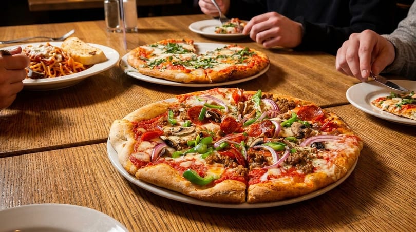 People sharing pizzas and spaghetti with garlic bread on a rustic wooden table.